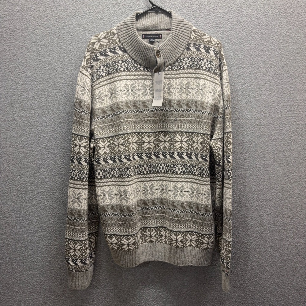 Tommy Hilfiger Sweater Mens XL Gray Pullover Mock Neck Long Sleeve Fair Isle New